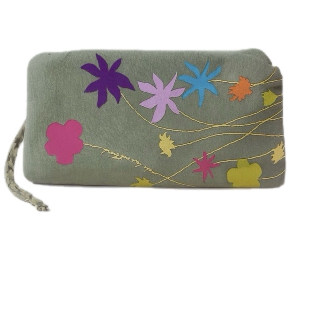 Make Love Not Trash Floral Handpainted Wallet‎ Green Multi Zip Around Boho Hippy